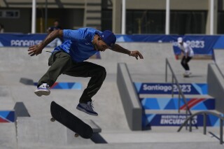 Puerto Rico's skateboarder Manny Santiago practices ahead of the start of the Pan-American Games in Santiago, Chile, Tuesday, Oct. 17, 2023. The Games start Oct. 20. (AP Photo/Esteban Felix)