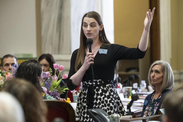 Zooey Zephyr speaks on the House floor for the first time in a week during a session at the Montana State Capitol in Helena, Mont., on Wednesday, April 26, 2023. (AP Photo/Tommy Martino)