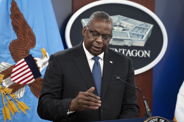 FILE - Secretary of Defense Lloyd Austin speaks during a news conference with Chairman of the Joint Chiefs of Staff Gen. Mark Milley at the Pentagon in Washington, on July 18, 2023. Austin met with Papua New Guinea leaders on Thursday, July 27, 2023 to discuss developing the Pacific Island nation’s military strength and deepening security ties, as the United States competes with China for influence in the Indo-Pacific region. (AP Photo/Manuel Balce Ceneta, File)
