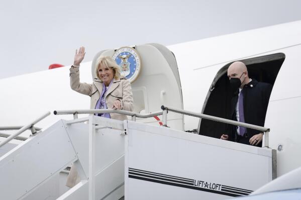 First lady Jill Biden waves as she arrives in Panama City, Panama, Friday, May 20, 2022. (Erin Schaff/The New York Times via AP, Pool)