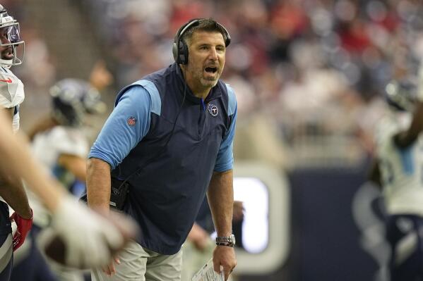 Tennessee Titans head coach Mike Vrabel yells to his players during the first half of an NFL football game against the Houston Texans Sunday, Oct. 30, 2022, in Houston. (AP Photo/Eric Gay)