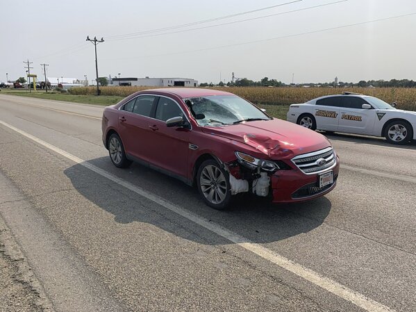 This Sept. 15, 2020 photo provided by the state of South Dakota shows The car that South Dakota Attorney General Jason Ravnsborg was driving on Sept. 12, 2020 when he he struck and killed a pedestrian. Secretary of Public Safety Craig Price said Monday, Nov. 2, 2020, that Ravnsborg was distracted before he drove onto a highway shoulder where he struck and killed 55-year-old Joseph Boever. (state of South Dakota via AP)