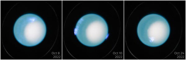 This image provided by ESA/Hubble showcases 3 frames from the NASA/ESA Hubble Space Telescope of the dynamic aurora on Uranus in Oct. 2022. (ESA/Hubble via AP)