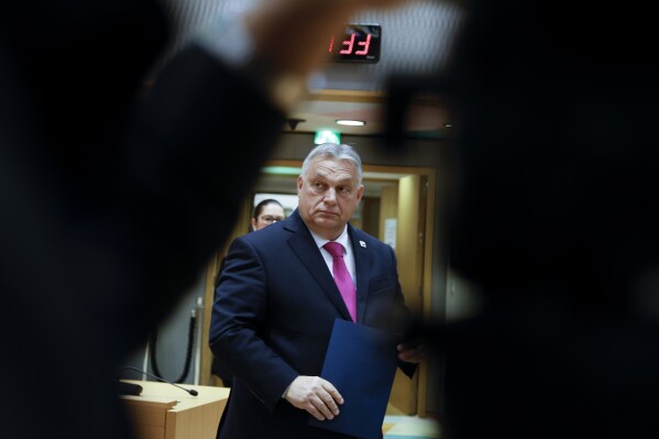 Hungary's Prime Minister Viktor Orban arrives for a round table meeting at an EU summit in Brussels, Thursday, Dec. 14, 2023. European Union leaders, in a two-day summit will discuss the latest developments in Russia's war of aggression against Ukraine and continued EU support for Ukraine and its people. (AP Photo/Omar Havana)