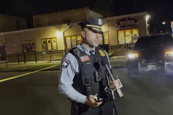 This image provided by Minneapolis Police Department, Minneapolis Police Chief Brian O'Hara talks to the media after a deadly shooting the night before on Wednesday, April 30, 2025 in Minneapolis. (Minneapolis Police Department via AP)
