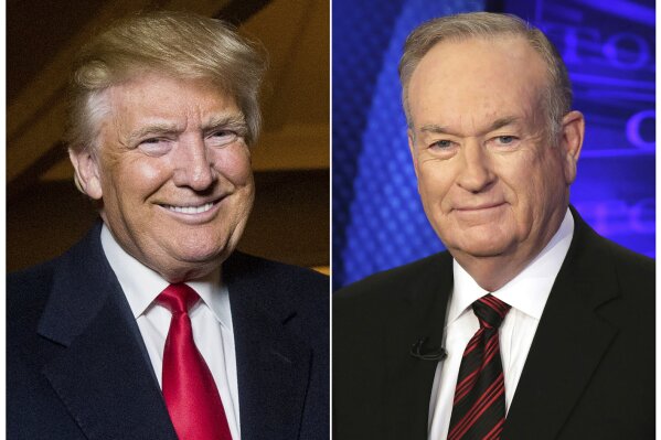 
              This combination photo shows Donald Trump at the Trump National Golf Club in Sterling, Va., on Dec. 2, 2015, left, and former Fox News host Bill O'Reilly in New York on Oct. 1, 2015. Henry Holt and Company announced Tuesday that O’Reilly’s “The United States of Trump: How the President Really Sees America” will come out this fall. The publisher is calling the book a non-partisan and well-rounded take on Trump.  (AP Photo)
            