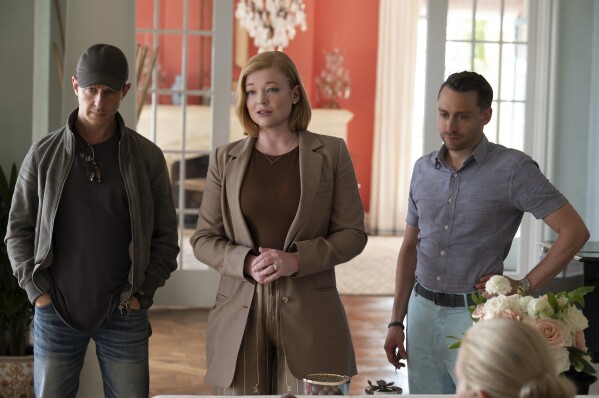 This image released by HBO shows Jeremy Strong, from left, Sarah Snook and Kieran Culkin in a scene from the final season of "Succession." (HBO via AP)