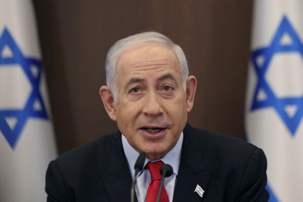 FILE - Israeli Prime Minister Benjamin Netanyahu attends the weekly cabinet meeting at the prime minister's office in Jerusalem, Wednesday, Sept. 27, 2023. (Abir Sultan/Pool Photo via AP, File)