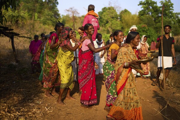Members of the Durua tribe, part of India's Indigenous Adivasis communities, perform traditional dances during the Chaitra Parab festival, a month long harvest celebration in Pongan Pani village, Koraput district, in India's eastern state of Odisha, Wednesday, April 16, 2025. (AP Photo/Rafiq Maqbool)