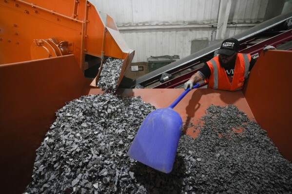 K.C. Skillern moves material with a shovel from recycled solar panels at We Recycle Solar on Tuesday, June 6, 2023, in Yuma, Ariz. (AP Photo/Gregory Bull)