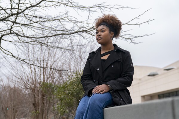 Kaniya Harris, a senior at American University, poses for a portrait at the university's campus in Washington, Monday, Feb. 12, 2024. Abortion rights advocates are trying to get initiatives to protect reproductive on the ballot in several states this year, and one major difference has emerged in their proposed language — whether to include mental health as an exception. (AP Photo/Stephanie Scarbrough)