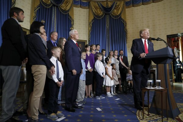 
              Vice President Mike Pence and others listen as President Donald Trump speaks during an event about healthcare, Monday, July 24, 2017, in the Blue Room of the White House in Washington. (AP Photo/Alex Brandon)
            