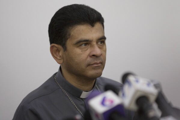 FILE - Rolando Alvarez, bishop of Matagalpa, gives a press conference regarding the Roman Catholic Church's agreeing to act as "mediator and witness" in a national dialogue between members of civil society and the government in Managua, Nicaragua, May 3, 2018. Nicaragua's government released Alvarez, sentenced to 26 years in prison for conspiracy and other crimes, and sent him on a plane to the Vatican, according to the auxiliary bishop of Managua, Monsignor Silvio Baez, on Sunday, Jan. 14, 2024. (AP Photo/Moises Castillo, File)