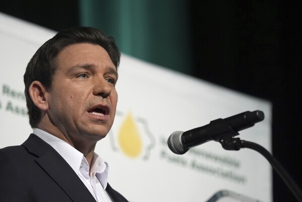 Republican presidential candidate Florida Gov. Ron DeSantis speaks at an Iowa Renewable Fuels Association Summit, Thursday, Jan. 11, 2024, in Des Moines, Iowa. (AP Photo/Abbie Parr)