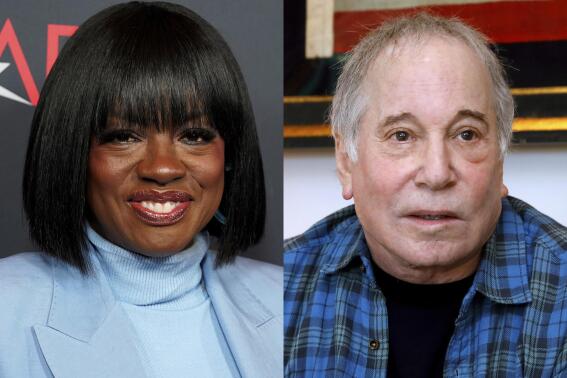 Actor Viola Davis appears at the 2023 AFI Awards in Los Angeles on Jan. 13, 2023, left, and singer-songwriter, Paul Simon appears during an interview in New York on Nov. 8, 2019. Davis, Paul Simon and Molly Shannon are among the nominees for prizes given for the spoken word. The nominations for the annual Audie Awards handed out by the Audio Publishers Association were announced Thursday. (AP Photo)