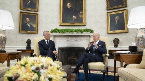 FILE - President Joe Biden meets with NATO Secretary General Jens Stoltenberg in the Oval Office of the White House, Tuesday, June 13, 2023, in Washington.  President Joe Biden will head to Europe next week to swing by three countries in an effort to strengthen the international coalition against Russian aggression as the war in Ukraine continues well into its second year.  The main focus of the visit will be the annual NATO summit, which this year will be held in Vilnius, Lithuania.  (AP Photo/Manuel Balce Ceneta, file)
