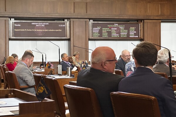 The Oregon Senate is seen during a vote at the state capitol in Salem, Ore., Thursday, June 15, 2023. Enough Republican members showed up in the Oregon Senate on Thursday to end a six-week walkout that halted the work of the Legislature and blocked hundreds of bills, including some on abortion, transgender health care and gun safety. (AP Photo/Andrew Selsky)