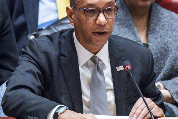 Robert Wood, deputy permanent representative of the United States, to the United Nations speaks to delegates during a security council meeting at the United Nations Headquarters, Monday, Jan. 22, 2024. (AP Photo/Eduardo Munoz Alvarez)