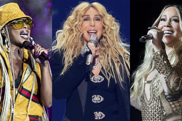 This combination of photos shows Mary J. Blige, from left, Cher, and Mariah Carey, who are among the 2024 nominees for induction into the Rock & Roll Hall of Fame. (AP Photo)