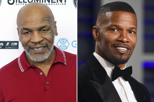 In this combination photo, Mike Tyson, left, attends a celebrity golf tournament on Aug. 2, 2019, in Dana Point, Calif. and Jamie Foxx arrives at the Vanity Fair Oscar Party on Feb. 24, 2019, in Beverly Hills, Calif. Tyson says he's producing a limited series about his life and career. Foxx will play the boxing great in the project that also counts Foxx and filmmaker Martin Scorsese as producers. (Photos by Willy Sanjuan/Invision/AP, left, and Evan Agostini/Invision/AP)
