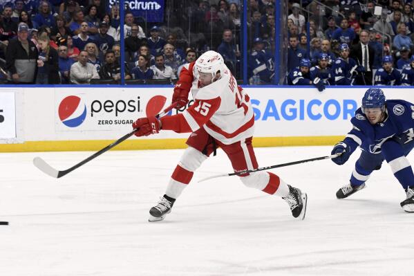 Detroit Red Wings left wing Jakub Vrana (15) scores during the third period an NHL hockey game against the Tampa Bay Lightning Tuesday, April 19, 2022, in Tampa, Fla. (AP Photo/Jason Behnken)