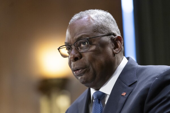 FILE - Defense Secretary Lloyd Austin testifies before a Senate Appropriations Committee on Capitol Hill in Washington, Oct. 31, 2023. The U.S. launched an airstrike on a facility in eastern Syria linked to Iranian-backed militias, in retaliation for what has been a growing number of attacks on bases housing U.S. troops in the region for the past several weeks, the Pentagon said.(AP Photo/Manuel Balce Ceneta, File)