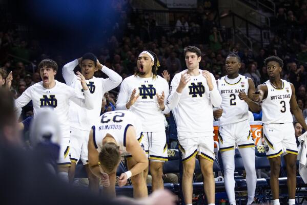Notre Dame players on the bench react to a call during the second half of an NCAA college basketball game against Boston College, Saturday, Jan. 21, 2023 in South Bend, Ind. (AP Photo/Michael Caterina)