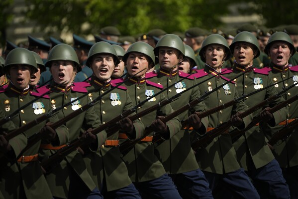 Russian servicemen march along Red Square during the Victory Day military parade in Moscow, Russia, Friday, May 9, 2025, during celebrations of the 80th anniversary of the Soviet Union's victory over Nazi Germany during the World War II. (AP Photo/Pavel Bednyakov, Pool)