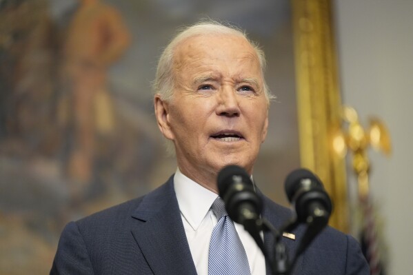 President Joe Biden speaks about the sudden collapse of the Syrian government under Bashar Assad from the Roosevelt Room at the White House in Washington, Sunday, Dec. 8, 2024. (AP Photo/Manuel Balce Ceneta)