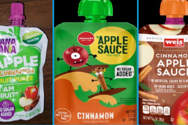 FILE - This image provided by the U.S. Food and Drug Administration on Thursday, Nov. 17, 2023, shows three recalled applesauce products - WanaBana apple cinnamon fruit puree pouches, Schnucks-brand cinnamon-flavored applesauce pouches and variety pack, and Weis-brand cinnamon applesauce pouches. Officials in Ecuador have named the likely source of contaminated ground cinnamon used in fruit pouches tied to more than 400 potential cases of lead poisoning in U.S. children, the Food and Drug Administration said Tuesday, Feb. 6, 2024. (FDA via AP, File)