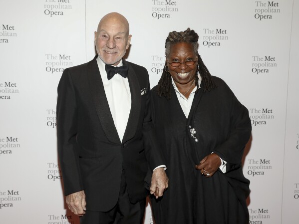 Actors Patrick Stewart, left, and Whoopi Goldberg attend the Metropolitan Opera premiere of "Dead Man Walking" at the Metropolitan Opera at Lincoln Center on Tuesday, Sept. 26, 2023, in New York. (Photo by Andy Kropa/Invision/AP)