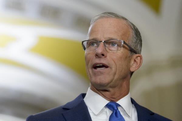 Senate Minority Whip John Thune, R-S.D., offers remarks following the Senate Republican policy luncheon at the Capitol in Washington, Tuesday, Sept. 10, 2024. (AP Photo/Rod Lamkey, Jr.)