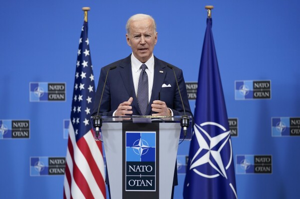President Joe Biden speaks about the Russian invasion of Ukraine during a news conference after a NATO summit and Group of Seven meeting at NATO headquarters, Thursday, March 24, 2022, in Brussels. (AP Photo/Evan Vucci)