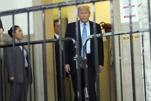 Former President Donald Trump returns to the courtroom after the lunch break of his civil business fraud trial, Wednesday, Oct. 18, 2023, at New York Supreme Court in New York. (AP Photo/Seth Wenig)
