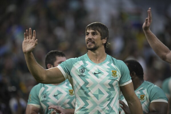 South Africa's Eben Etzebeth acknowledges applauses during the Rugby World Cup Pool B match between South Africa and Scotland at the Stade de Marseille in Marseille, France, Sunday, Sept. 10, 2023. (AP Photo/Daniel Cole)