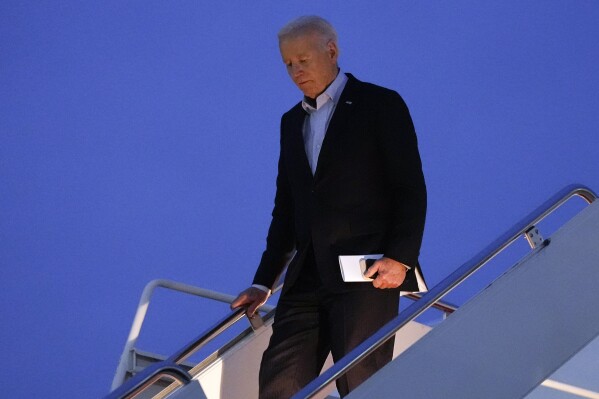 FILE - President Joe Biden arrives on Air Force One at Andrews Air Force Base, Md., Tuesday, April 30, 2024.. (AP Photo/Evan Vucci, File)