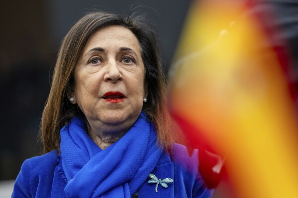 Spain's Defense Minister Margarita Robles arrives for a meeting of the Ukraine Defence Contact Group at NATO headquarters in Brussels, on April 11, 2025. (AP Photo/Geert Vanden Wijngaert, File)