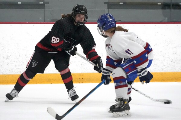Bishop Kearney Selects Under-19 girls team winger Nela Lopusanova (88) plays in a Labor Day Weekend hockey tournament in Pittsburgh, Friday, Sept. 1, 2023. (AP Photo/Gene J. Puskar)