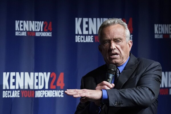FILE - Presidential candidate Robert F. Kennedy Jr., speaks during a campaign event at the Adrienne Arsht Center for the Performing Arts of Miami-Dade County, Thursday, Oct. 12, 2023, in Miami. (AP Photo/Wilfredo Lee, File)