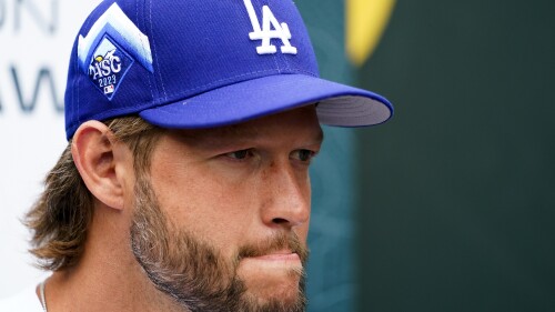 National League's Clayton Kershaw, of the Los Angeles Dodgers, listens to a question during an All-Star Game player availability, Monday, July 10, 2023, in Seattle. The All-Star Game will be played Tuesday, July 11. (AP Photo/Lindsey Wasson)