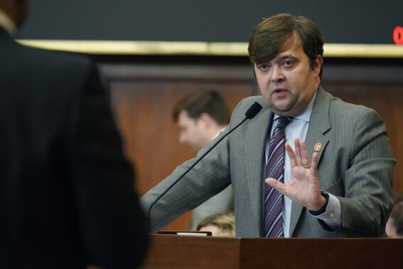 FILE - Mississippi Rep. Nick Bain, R-Corinth, answers a question during a House debate in Jackson, Miss., on Thursday, Jan. 19, 2023. On Wednesday, Sep. 6, 2023, Bain conceded his loss in a Republican primary runoff to Brad Mattox, a gun shop owner from Corinth. (AP Photo/Rogelio V. Solis, File)