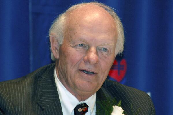 FILE - South Dakota philanthropist T. Denny Sanford speaks with reporters, Feb. 3, 2007, in Sioux Falls, S.D. Investigators found that images of nude underage girls were transmitted on an email account linked to billionaire philanthropist Sanford but they were unable to prove who sent them or where that person was at the time, according to documents unsealed Thursday, April 27, 2023. (AP Photo/Carson Walker, File)