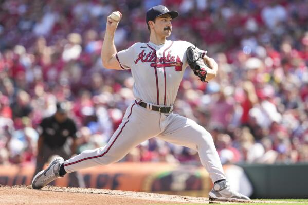 Atlanta Braves starting pitcher Spencer Strider throws during the first inning of a baseball game against the Cincinnati Reds, Saturday, July 2, 2022, in Cincinnati. (AP Photo/Jeff Dean)