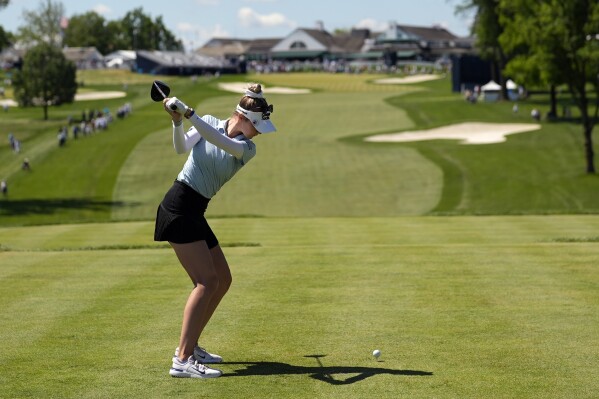 Nelly Korda hits her tee shot on the 18th hole during a practice round for the U.S. Women's Open golf tournament at Lancaster Country Club, Wednesday, May 29, 2024, in Lancaster, Pa. (AP Photo/Matt Slocum)