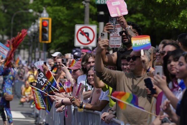 People attend the World Pride parade, Saturday, June 7, 2025, in Washington. (AP Photo/Mark Schiefelbein)