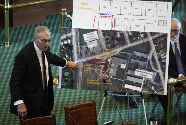 Texas Department of Public Safety Director Steve McCraw uses maps and graphics to present a timeline of the school shooting at Robb Elementary School in Uvalde, during a hearing , Tuesday, June 21, 2022, in Austin, Texas. Two teachers and 19 students were killed.  (Sara Diggins/Austin American-Statesman via AP)