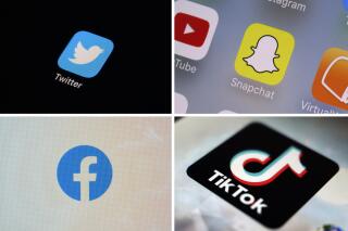FILE - This combination of photos shows logos of Twitter, top left; Snapchat, top right; Facebook, bottom left; and TikTok. A bipartisan group of senators on Wednesday, April 26, 2023, introduced legislation aiming to prohibit all children under the age of 13 from using social media and would require permission from a guardian for users under 18 to create an account. It is one of several proposals in Congress seeking to make the internet safer for children and teens. (AP Photo, File)