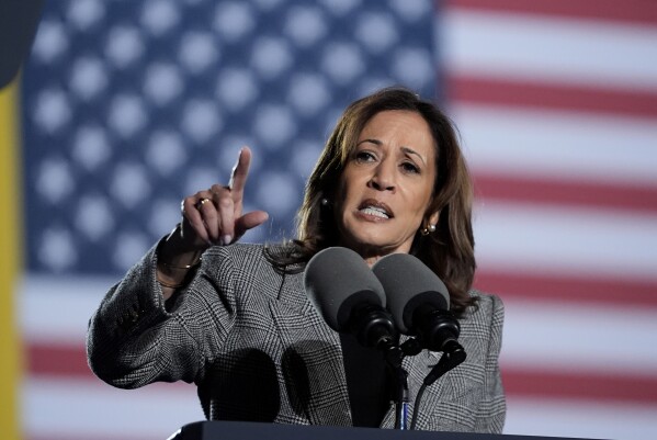 Democratic presidential nominee Vice President Kamala Harris speaks at a campaign event in Burns Park Monday, Oct. 28, 2024, in Ann Arbor, Mich. (AP Photo/Paul Sancya)