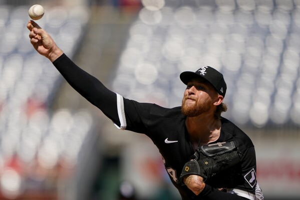 Chicago White Sox starting pitcher Michael Kopech throws during the first inning of a baseball game against the Chicago White Sox at Nationals Park, Wednesday, Sept. 20, 2023, in Washington. (AP Photo/Andrew Harnik)