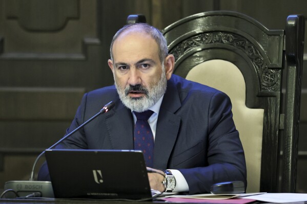 Armenian Prime Minister Nikol Pashinyan leads a cabinet meeting in Yerevan, Armenia, Friday, Sept. 22, 2023. (Tigran Mehrabyan, PAN Photo via AP)